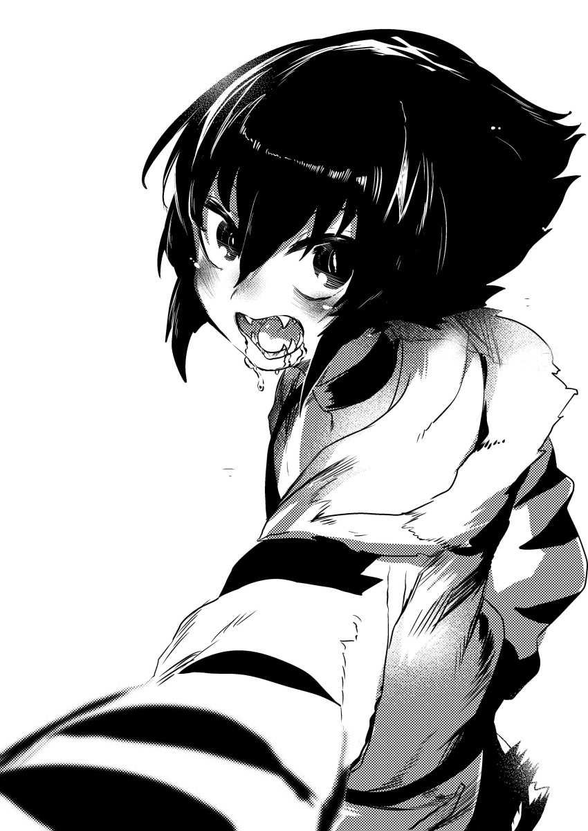 1girl, absurdres, black_eyes, black_hair, choker, collared_jacket, fangs, from_side, fur_collar, greyscale, hair_between_eyes, halftone, highres, looking_at_viewer, looking_to_the_side, monochrome, monster_girl, niwarizumu, original, saliva, saliva_trail, sharp_teeth, short_hair, short_hair_with_long_locks, simple_background, slit_pupils, solo, teeth, upper_body, white_background