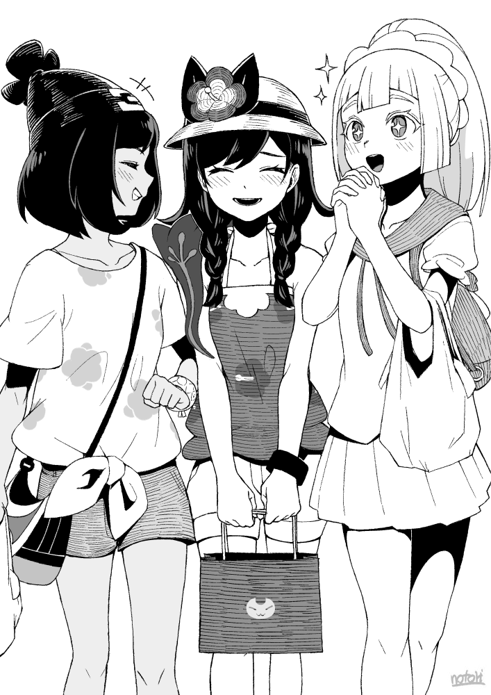 +_+, 3girls, artist_name, backpack, bag, beanie, braid, closed_eyes
