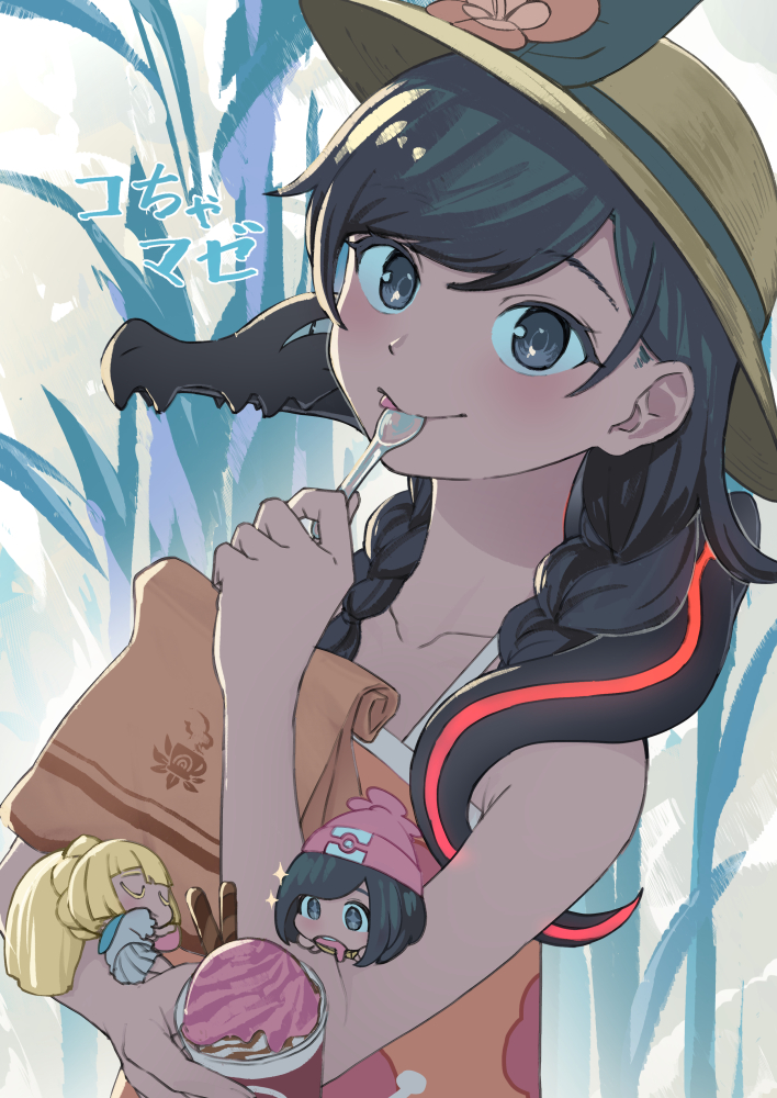 3girls, bag, beanie, black_hair, blonde_hair, braid, chibi, closed_eyes