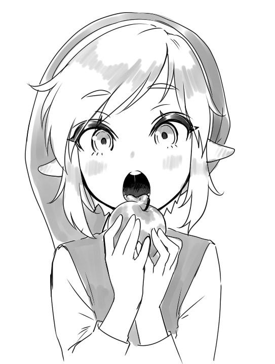 1boy, apple, bangs, english_commentary, eyebrows_visible_through_hair, food, fruit, greyscale