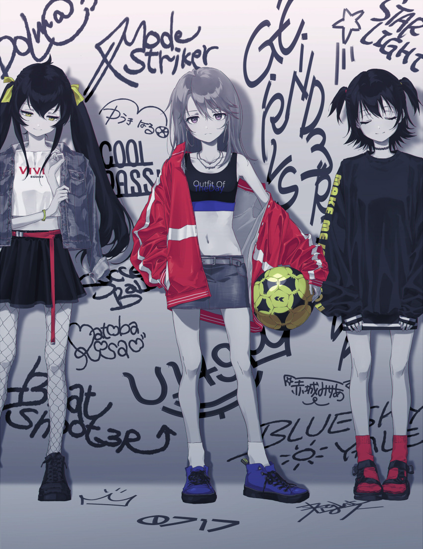 3girls, :|, absurdres, against_wall, akagi_miria, ball, bare_shoulders, belt, black_footwear, black_hair, black_skirt, blue_footwear, bracelet, choker, closed_eyes, closed_mouth, collarbone, commentary_request, denim, denim_jacket, denim_skirt, earrings, english_text, fishnet_legwear, fishnets, football_(object), full_body, graffiti, hair_ribbon, hand_in_pocket, highres, holding, holding_ball, hoop_earrings, idolmaster, idolmaster_cinderella_girls, jacket, jacket_on_shoulders, jewelry, jitome, light_oooo, long_hair, long_sleeves, looking_at_viewer, looking_down, matoba_risa, miniskirt, multiple_girls, muted_color, navel, necklace, open_clothes, open_jacket, oversized_clothes, red_legwear, removing_jacket, ribbon, sandals, shoes, short_hair, short_twintails, skirt, sleeves_past_wrists, sneakers, socks, standing, star, stomach, tank_top, track_jacket, twintails, violet_eyes, white_legwear, yellow_eyes, yellow_ribbon, yuuki_haru