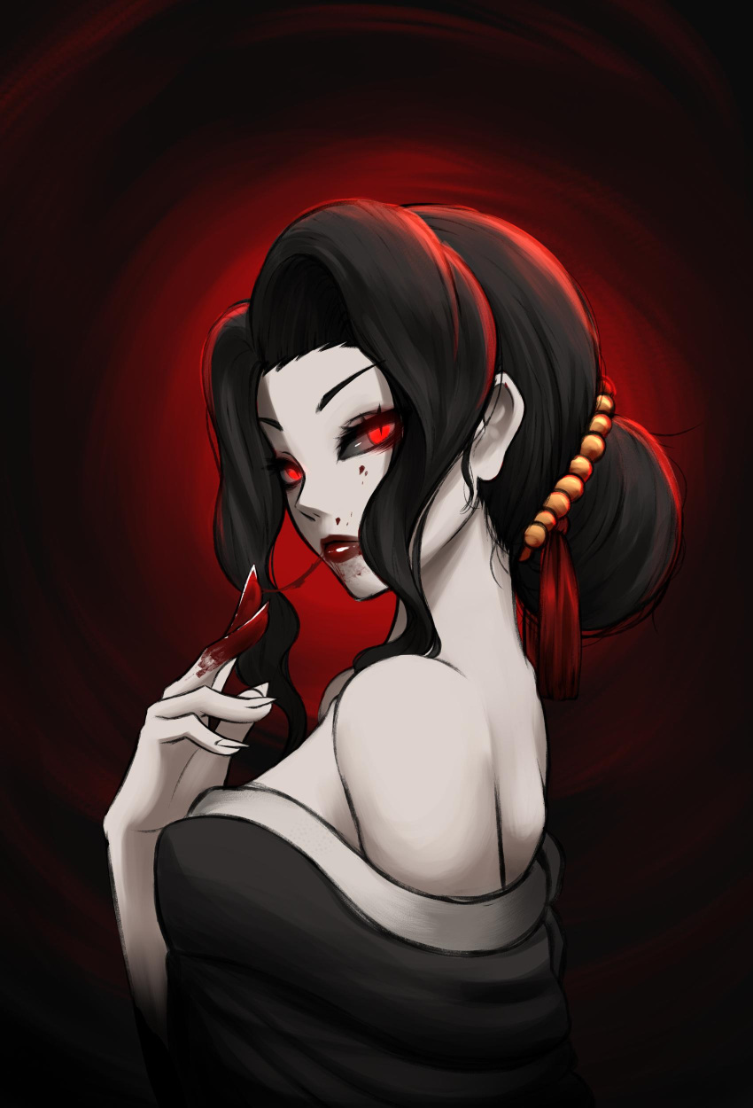 1girl, absurdres, bare_shoulders, black_background, black_hair, black_sclera, blood, blood_in_mouth