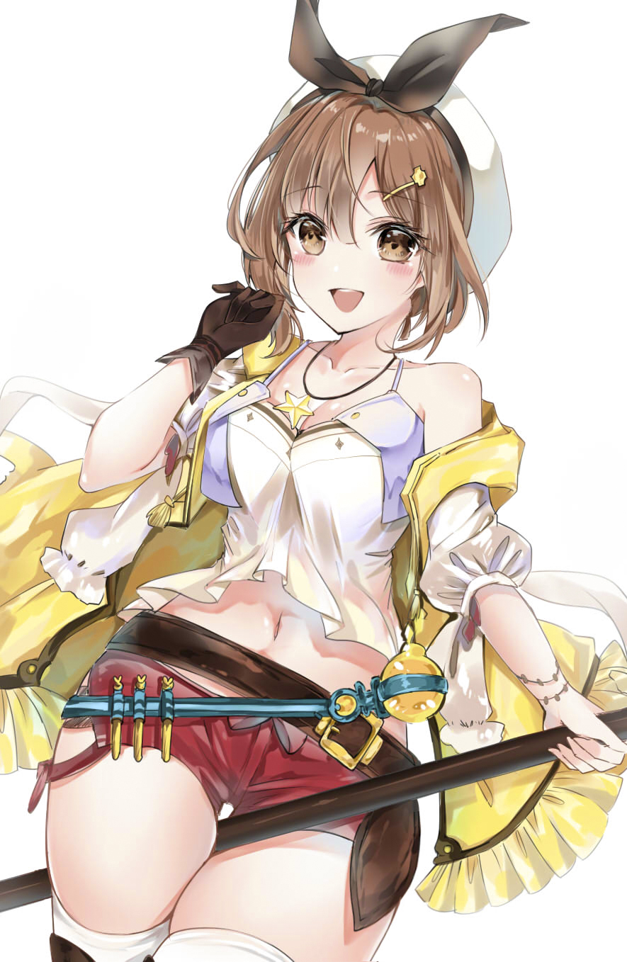 atelier_(series), atelier_ryza, bare_shoulders, belt, blue_belt, bow, brown-eyes, brown_belt