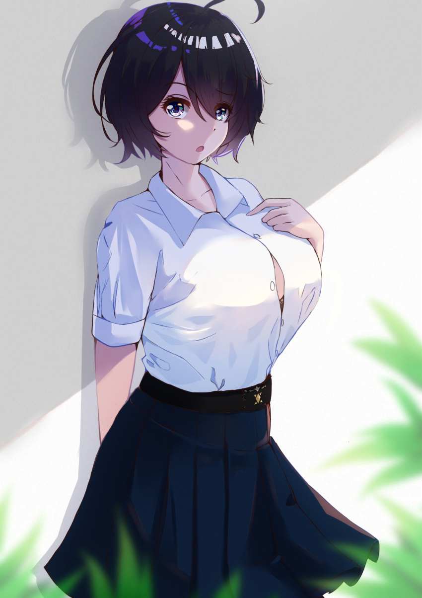 1girl, :o, absurdres, ahoge, arm_behind_back, bangs, black_hair, blue_skirt, bra, bra_peek, breasts, button_gap, collarbone, commentary, cowboy_shot, dress_shirt, eyebrows_visible_through_hair, eyes_visible_through_hair, hair_over_one_eye, hand_on_own_chest, highres, large_breasts, looking_at_viewer, lovesexieie, original, partially_unbuttoned, pleated_skirt, shiny, shiny_hair, shirt, short_hair, short_sleeves, skirt, solo, sunlight, underwear, white_shirt