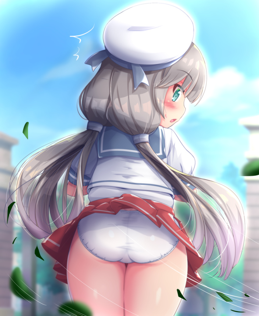 1girl, ass, blue_sailor_collar, from_behind, green_eyes, grey_hair, hat, highres, hip_vent, kantai_collection, kurokoshou_(emuburemu123), leaf, long_hair, low_twintails, mikura_(kantai_collection), outdoors, panties, pantyshot, pantyshot_(standing), pleated_skirt, puffy_short_sleeves, puffy_sleeves, red_skirt, sailor_collar, sailor_hat, sailor_shirt, shirt, short_sleeves, skirt, skirt_lift, solo, standing, twintails, underwear, white_panties, white_shirt, wind, wind_lift