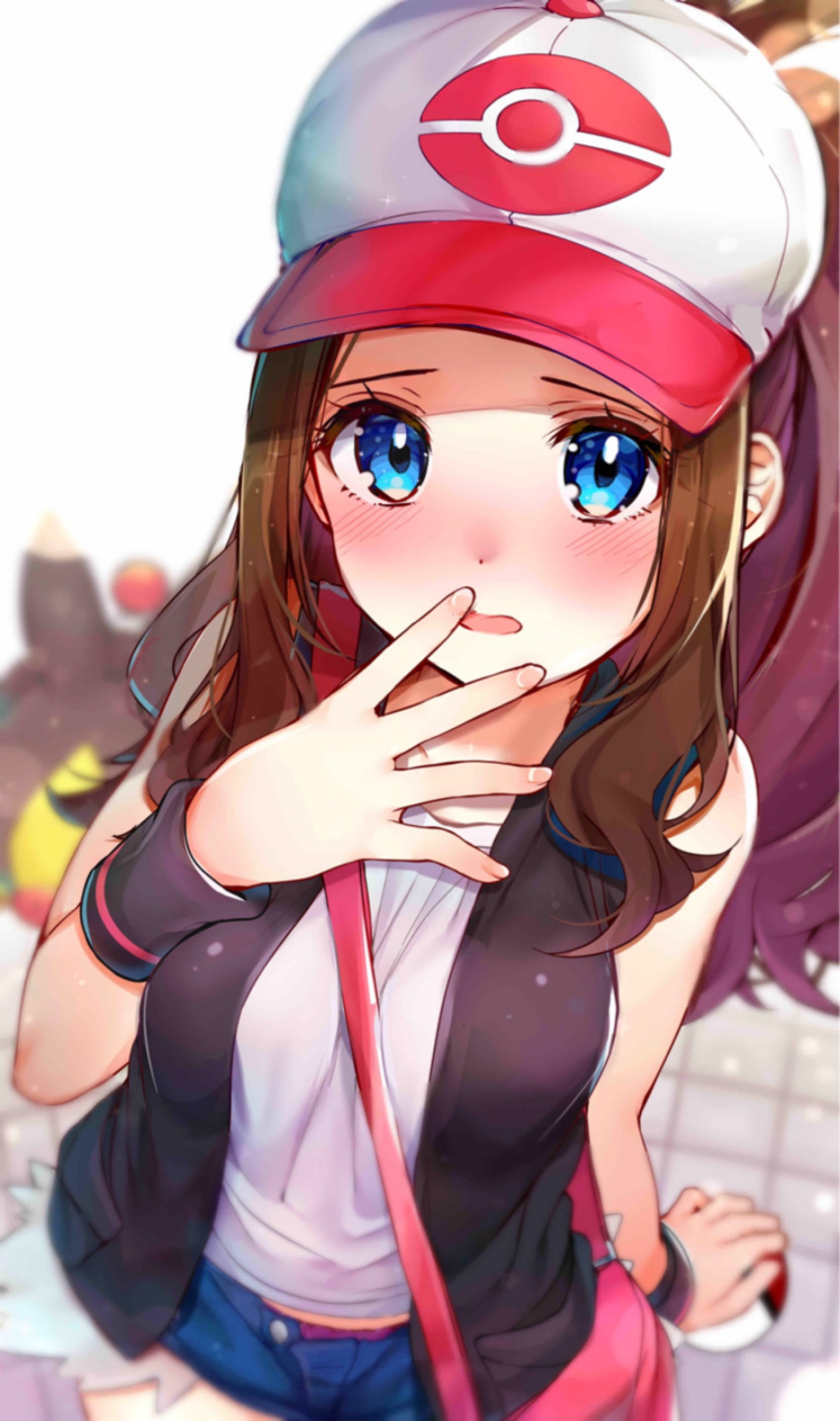 absurdres, bag, bare_shoulders, between_breasts, black_vest, blue_eyes, blurry, blurry_background