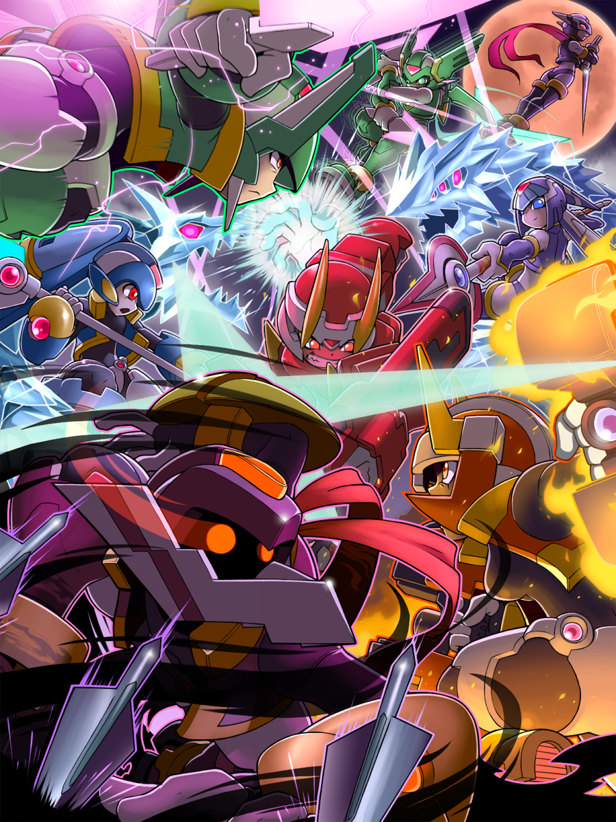 2girls, 6+boys, android, atlas, atlas_(mega_man), blue_eyes, commentary_request, energy_blade