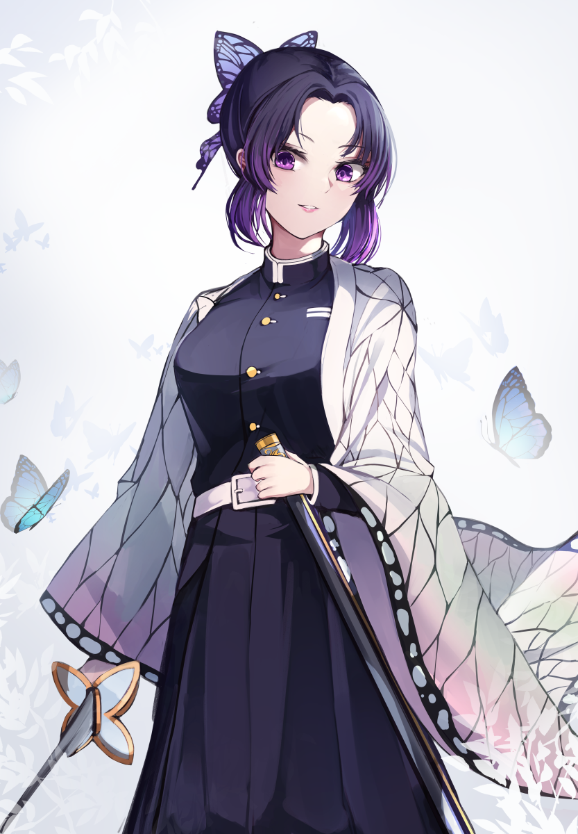 1girl, bangs, belt, black_hair, blacktheif, breasts, bug, butterfly