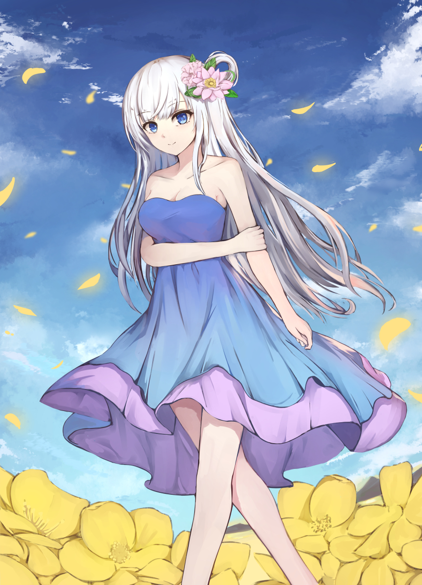 1girl, bangs, bare_arms, bare_shoulders, blacktheif, blue_dress, blue_eyes, breasts, collarbone, day, dress, flower, hair_flower, hair_ornament, highres, large_breasts, long_hair, looking_at_viewer, original, outdoors, pink_flower, sky, sleeveless, sleeveless_dress, smile, solo, strapless, strapless_dress, white_hair, yellow_flower