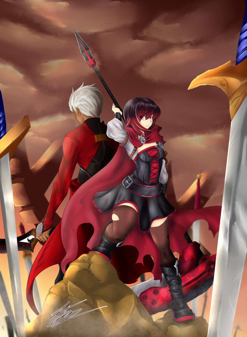 1boy, 1girl, absurdres, adlute, archer, armor, back-to-back, bandolier