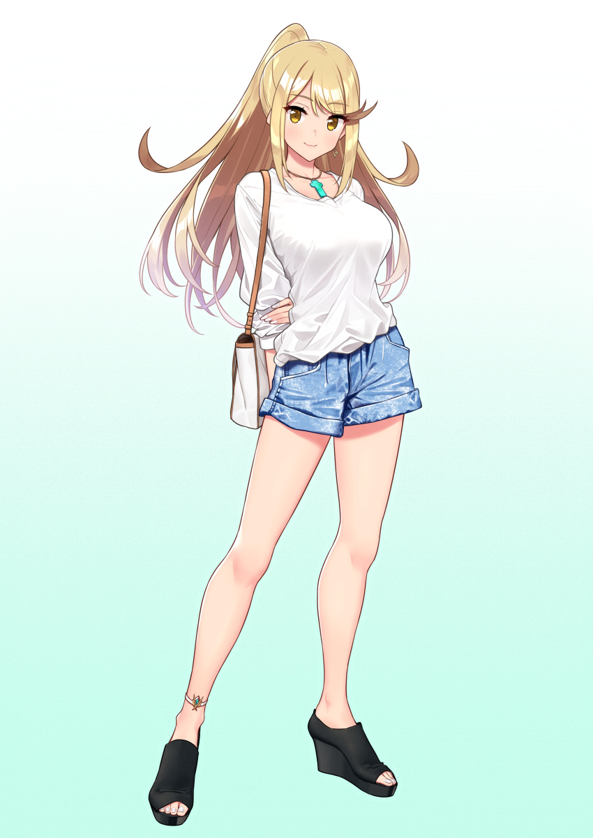 1girl, absurdres, alternate_costume, anklet, aqua_background, arms_behind_back, baffu, bag