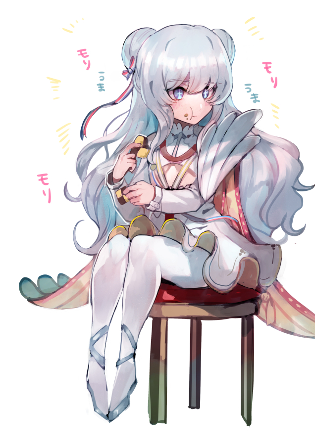 +_+, 1girl, :t, azur_lane, ballet_slippers, bangs, blue_eyes, blush, breasts, chair, chewing, commentary_request, cookie, cutout, double_bun, eating, food, hair_ribbon, happy, high_collar, holding, holding_food, le_malin_(azur_lane), long_hair, long_sleeves, moji_(mojimozis), pantyhose, ribbon, sidelocks, silver_hair, simple_background, sitting, skirt, solo, sweets, symbol-shaped_pupils, under_boob, underboob_cutout, wavy_hair, white_background, white_legwear, white_skirt