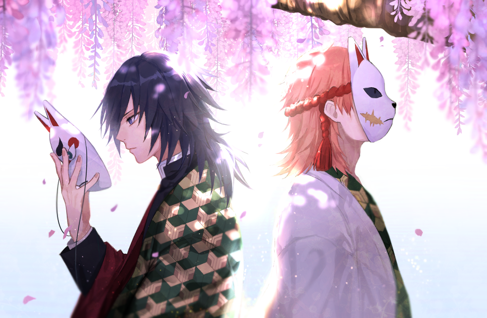 2boys, back-to-back, bangs, black_hair, blurry, boja, depth_of_field, flower