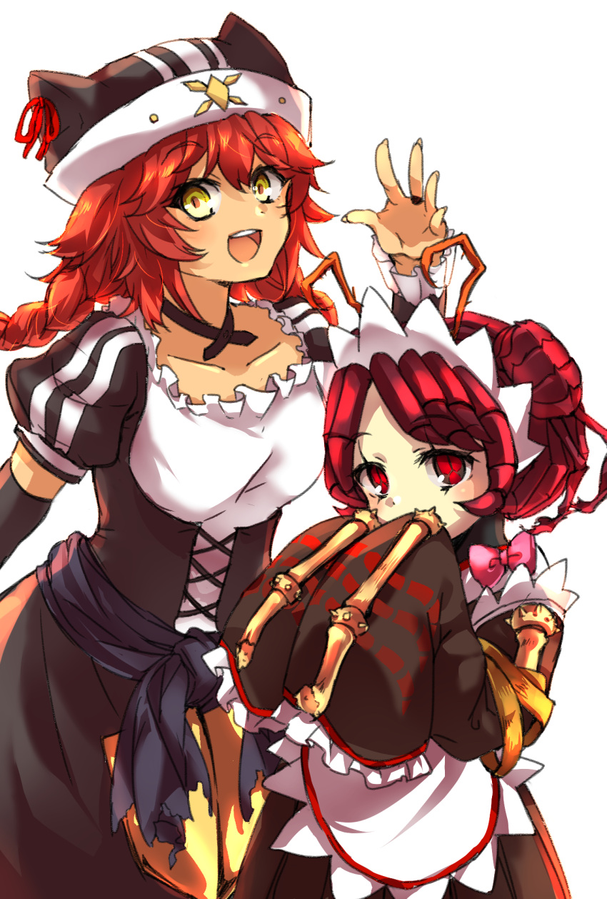 2girls, animal_hat, antennae, bangs, bow, bowtie, braid, collarbone