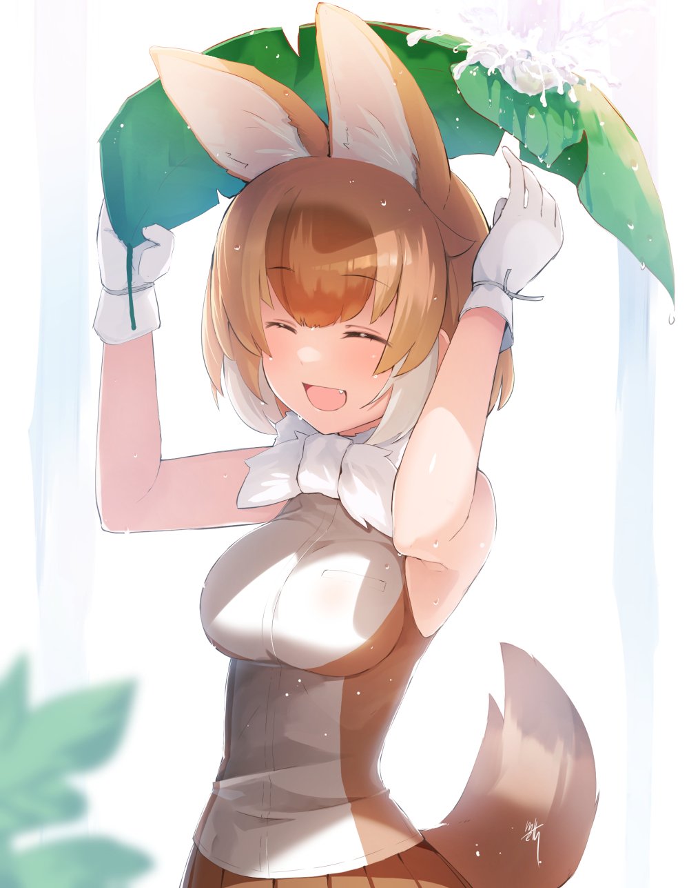 1girl, animal_ears, bare_shoulders, bow, bowtie, closed_eyes, commentary_request, cowboy_shot, dhole_(kemono_friends), dog_ears, dog_tail, extra_ears, eyebrows_visible_through_hair, fang, gloves, highres, kemono_friends, leaf, leaf_umbrella, light_brown_hair, light_brown_shirt, meth_(emethmeth), multicolored_hair, open_mouth, pleated_skirt, shirt, short_hair, skirt, sleeveless, smile, solo, tail, two-tone_hair, two-tone_shirt, water_drop, white_gloves, white_hair, white_neckwear, white_shirt