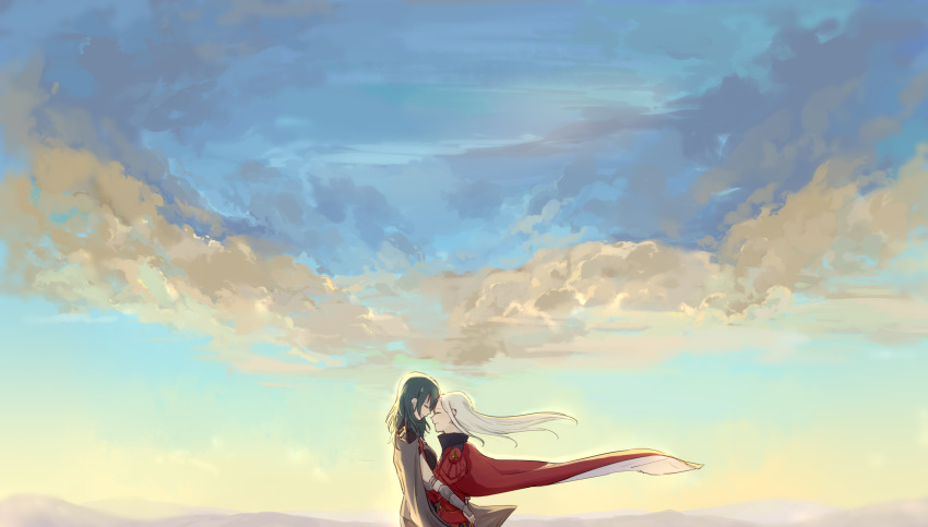 2girls, arms_around_waist, byleth_(fire_emblem), byleth_eisner_(female), cape, closed_eyes, edelgard_von_hresvelg, fire_emblem