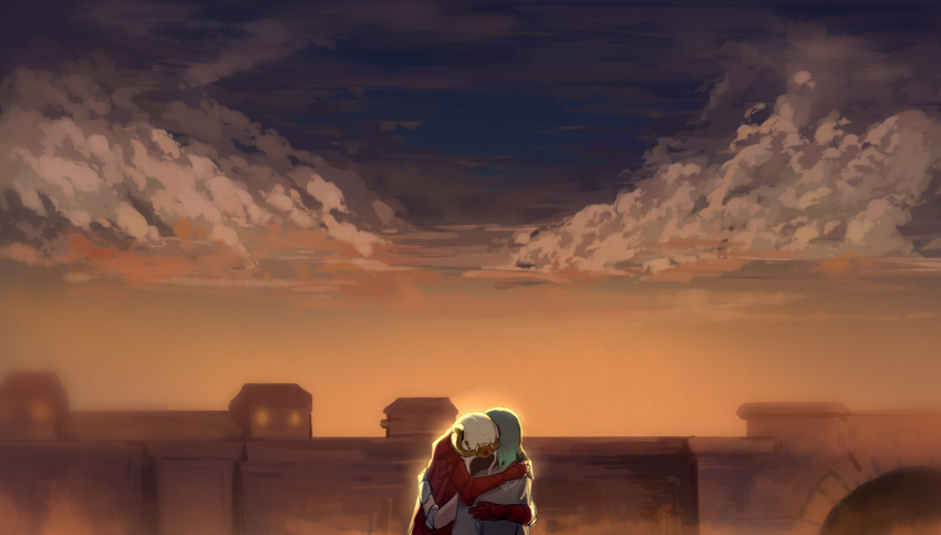 2girls, arm_guards, armor, byleth_(fire_emblem), byleth_eisner_(female), cape, clouds, edelgard_von_hresvelg