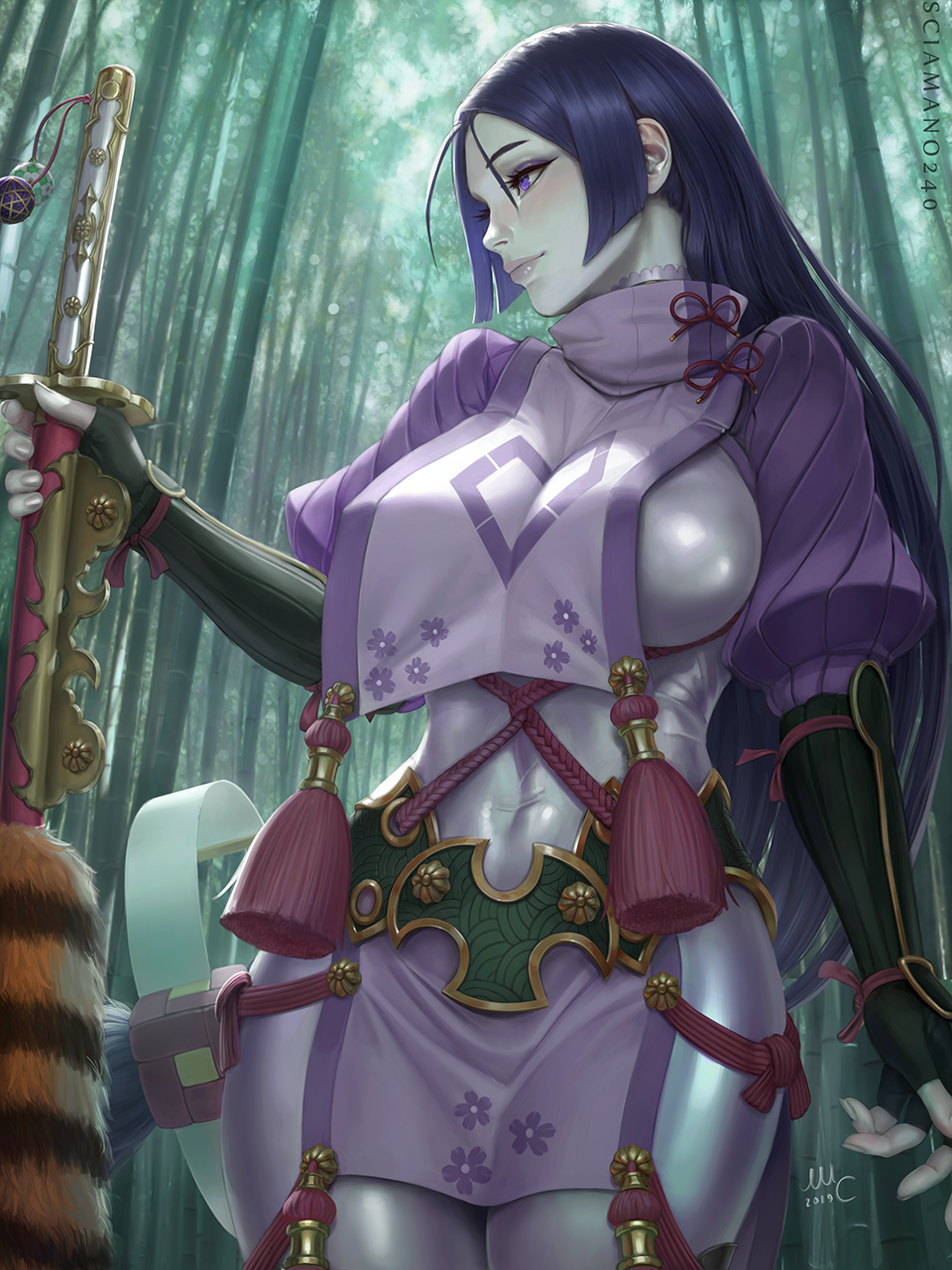 1girl, arm_guards, bamboo, bamboo_forest, bangs, bodysuit, breasts, commentary