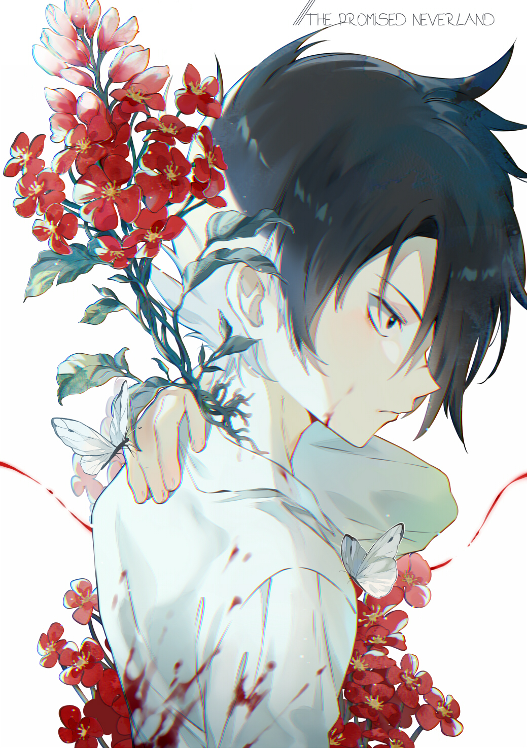 1boy, bad_anatomy, black_hair, blood, bloody_clothes, bug, butterfly, butterfly_on_hand