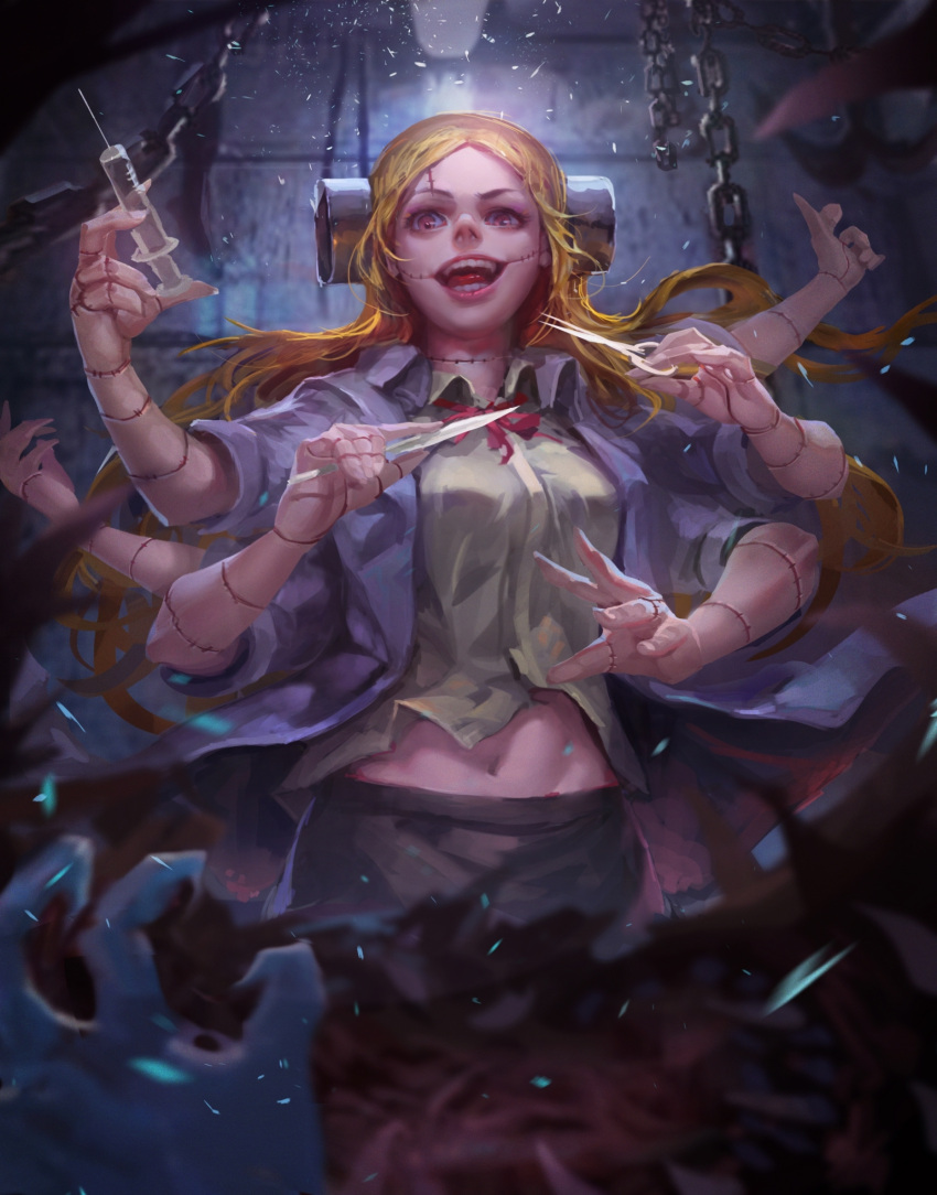 1girl, bangs, black_skirt, blonde_hair, bolt, breasts, commentary_request, crazy_eyes
