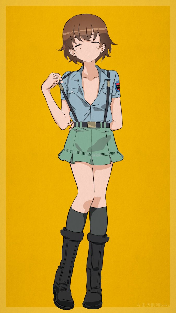 1girl, akagi_(fmttps), alternate_costume, aoshidan_(emblem), aoshidan_school_uniform, arm_behind_back, artist_name, black_footwear