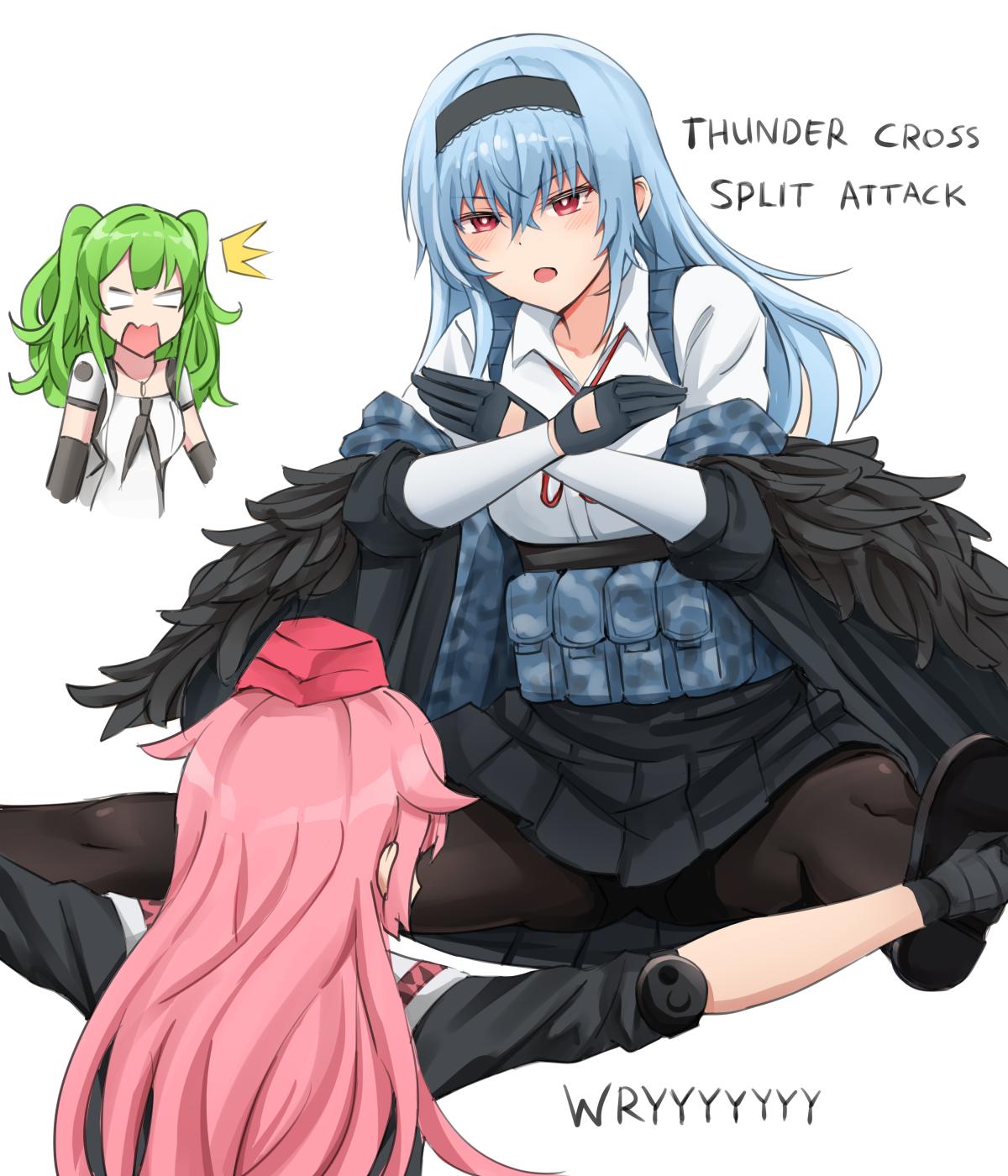 3girls, blue_hair, crossed_arms, english_text, girls_frontline, gloves, green_hair, highres