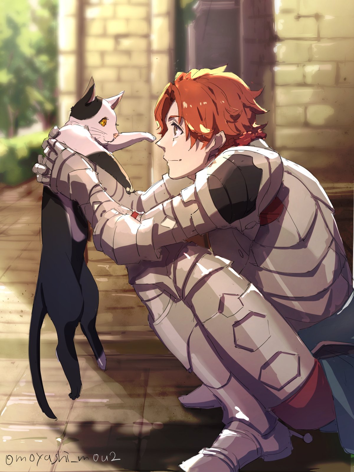 1boy, armor, artist_name, brown_eyes, cat, fire_emblem, fire_emblem:_three_houses, fur_trim