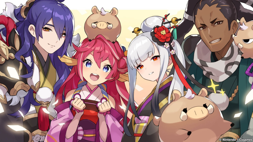 2boys, 2girls, addis, anniversary, artist_request, black_hair, blue_eyes, botan_(dragalia_lost)