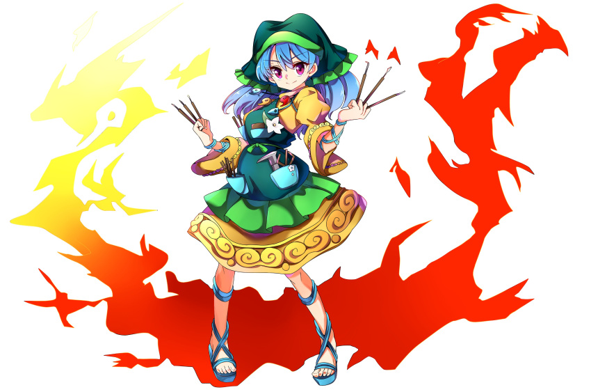 1girl, absurdres, apron, arm_ribbon, baba_(baba_seimaijo), between_fingers, blue_hair, chisel