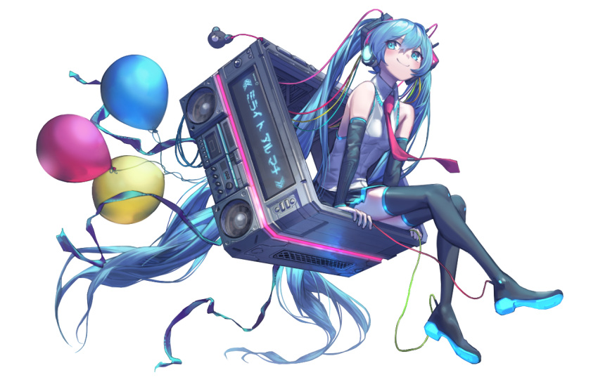 1girl, absurdly_long_hair, aqua_eyes, aqua_hair, arm_support, balloon, bare_shoulders, black_legwear