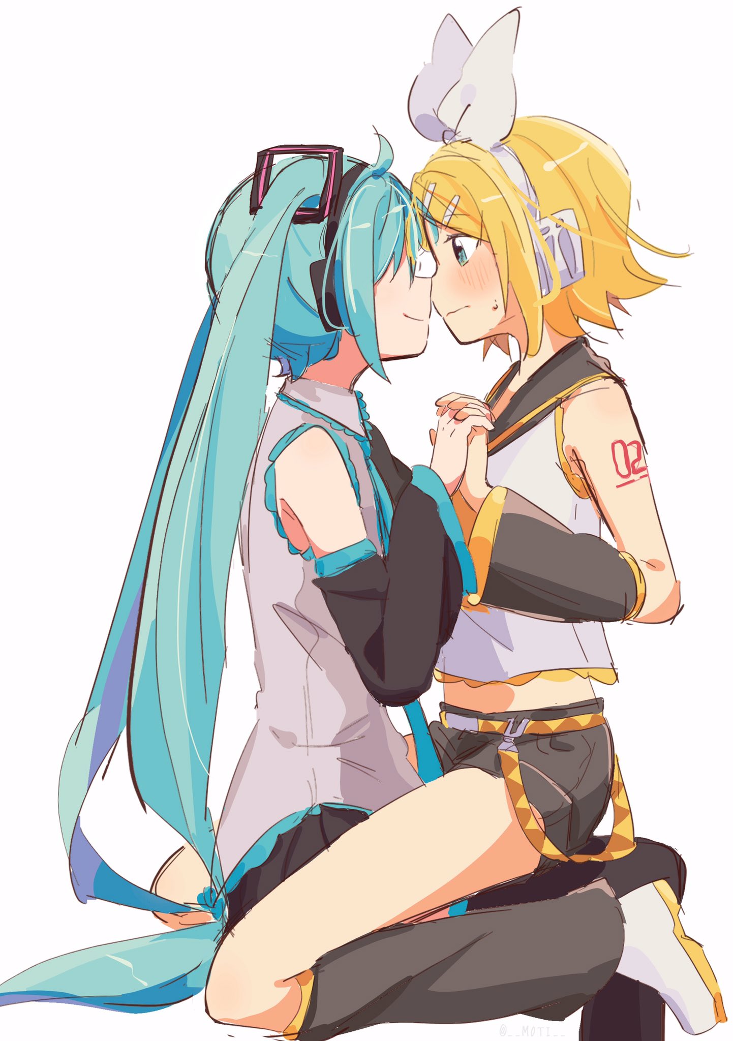 2girls, aqua_eyes, aqua_hair, arm_tattoo, bare_shoulders, belt, black_legwear, blonde_hair