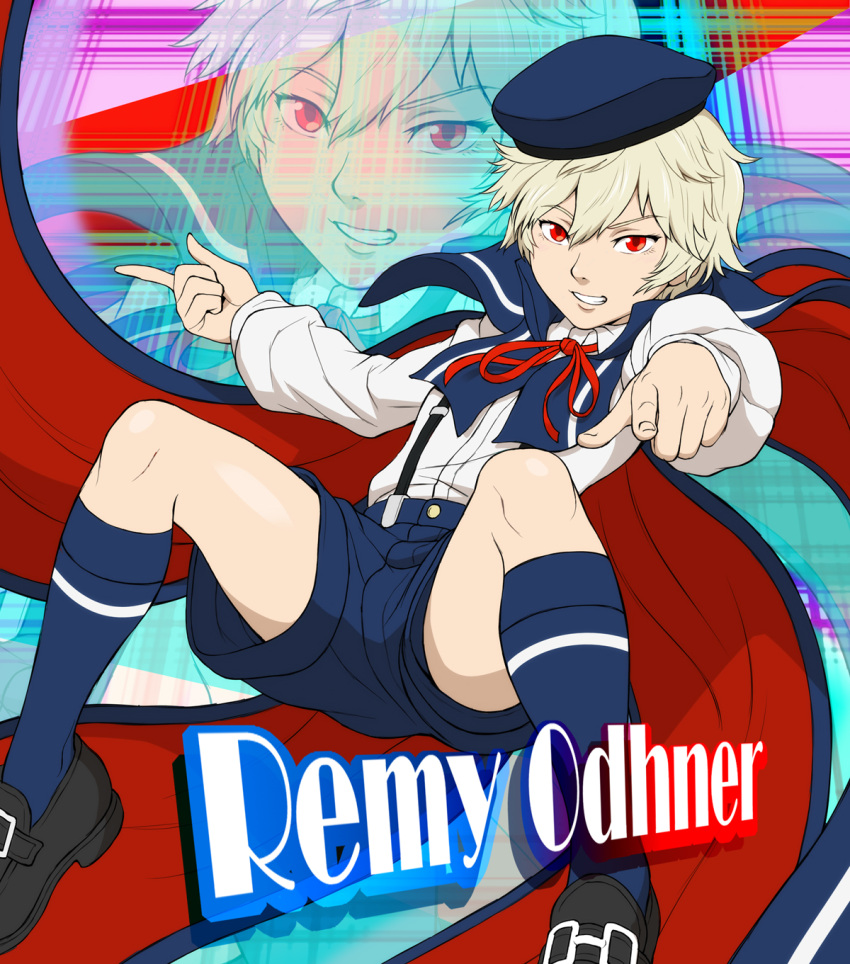 1boy, blonde_hair, cape, character_name, collared_shirt, grin, gunslinger_stratos, hat