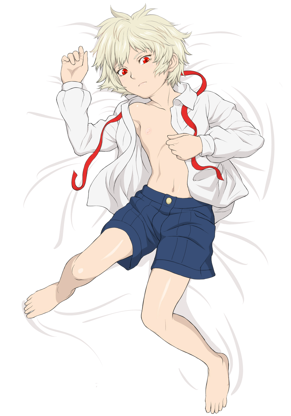 1boy, barefoot, blonde_hair, collared_shirt, dakimakura, feet, full_body, gunslinger_stratos