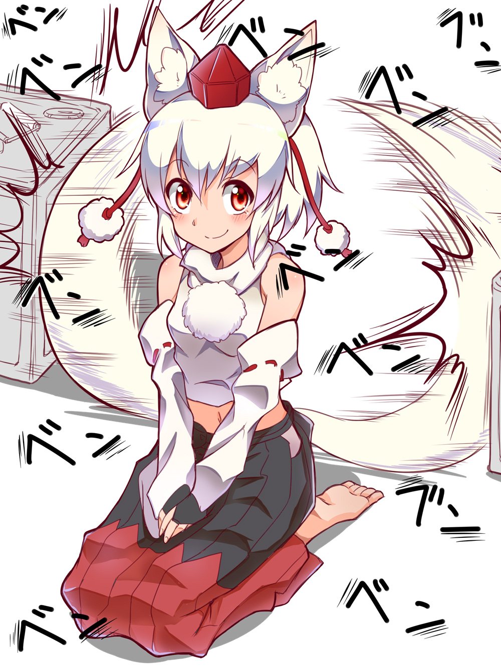 /\/\/\, 1girl, afterimage, animal_ear_fluff, animal_ears, bare_shoulders, barefoot, black_skirt
