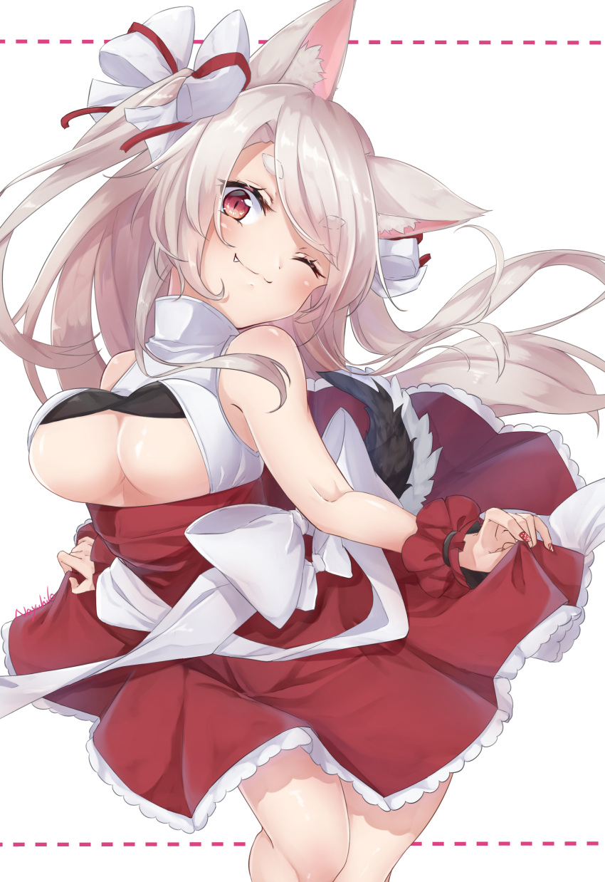 1girl, ;3, absurdres, animal_ear_fluff, animal_ears, azur_lane, bare_shoulders, bow