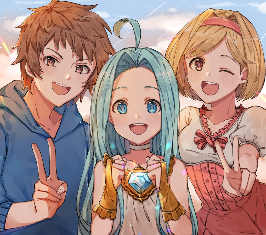 1boy, 2girls, ;d, ahoge, blonde_hair, blue_hoodie, blush, breasts