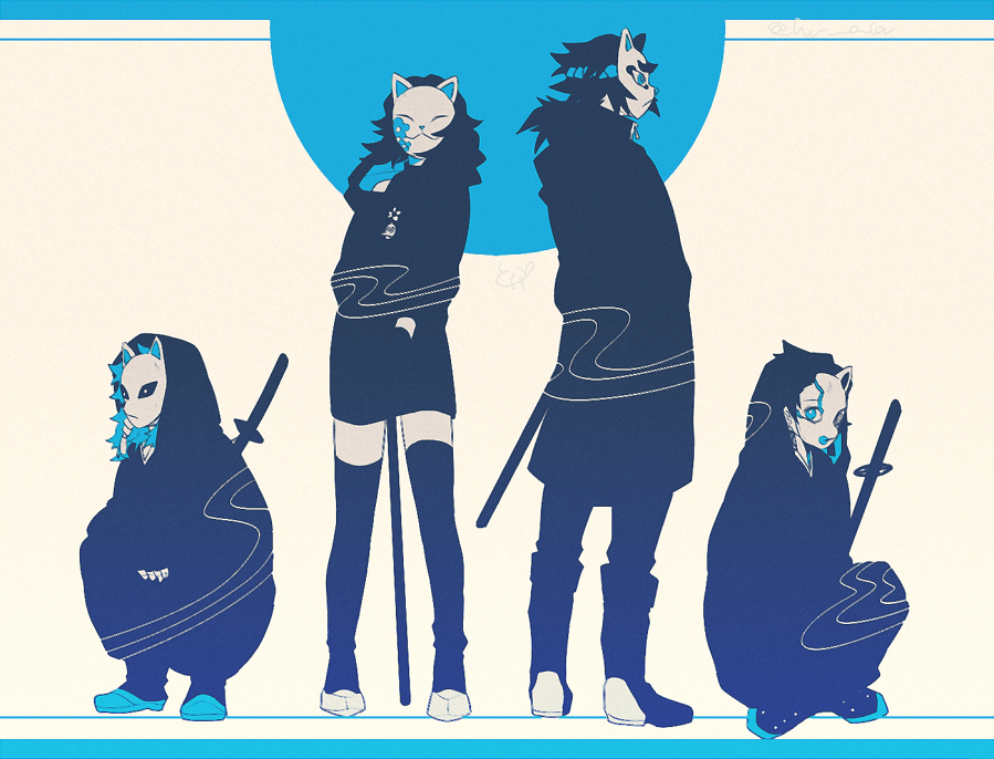 1girl, 3boys, bare_shoulders, black_hair, black_legwear, blue_eyes, boots, broken_mask
