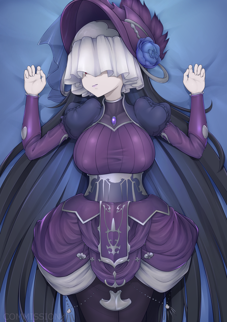 1girl, akai_(riaakai), bed_sheet, black_hair, blue_flower, blue_rose, breasts, celeste_(granblue_fantasy), closed_mouth, commentary_request, dress, english_text, flower, from_above, granblue_fantasy, hat, large_breasts, long_hair, long_sleeves, lying, on_back, red_eyes, rose, solo, veil, very_long_hair, watermark