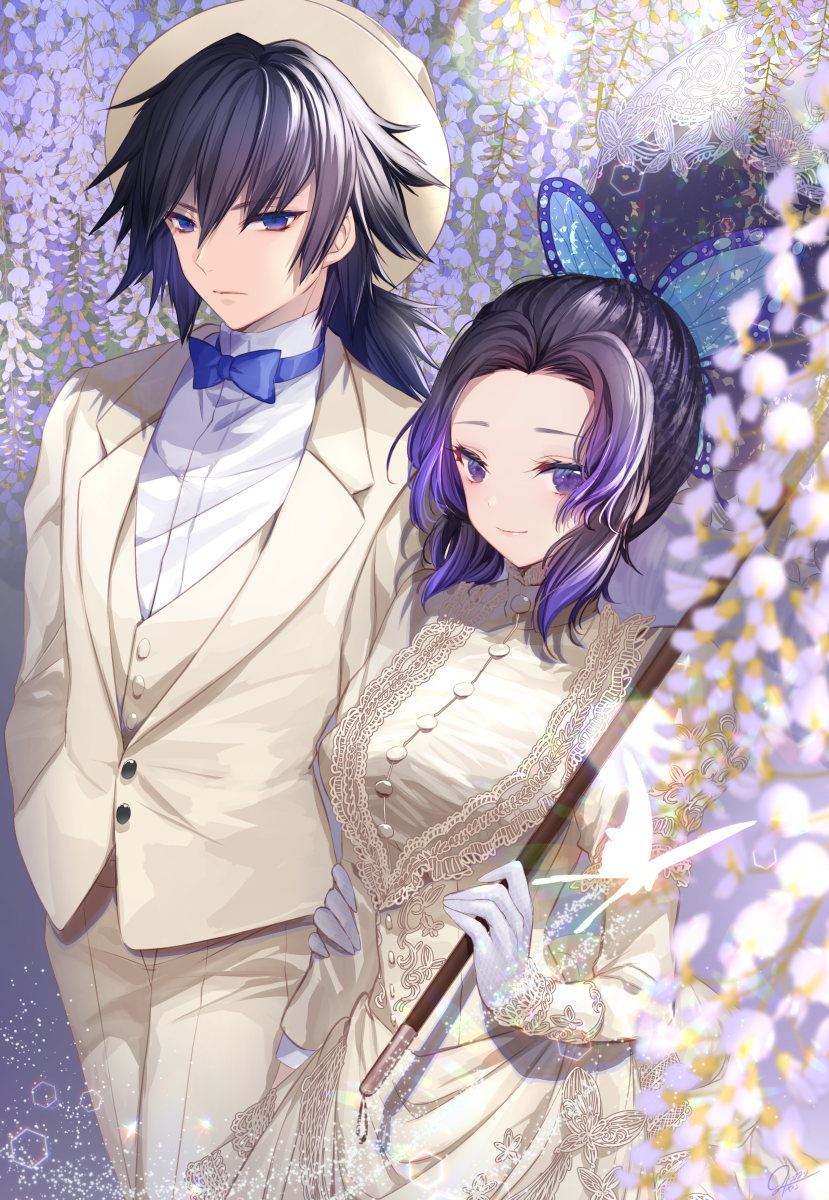 1boy, 1girl, arm_at_side, arm_holding, bangs, black_hair, blue_bow, blue_eyes