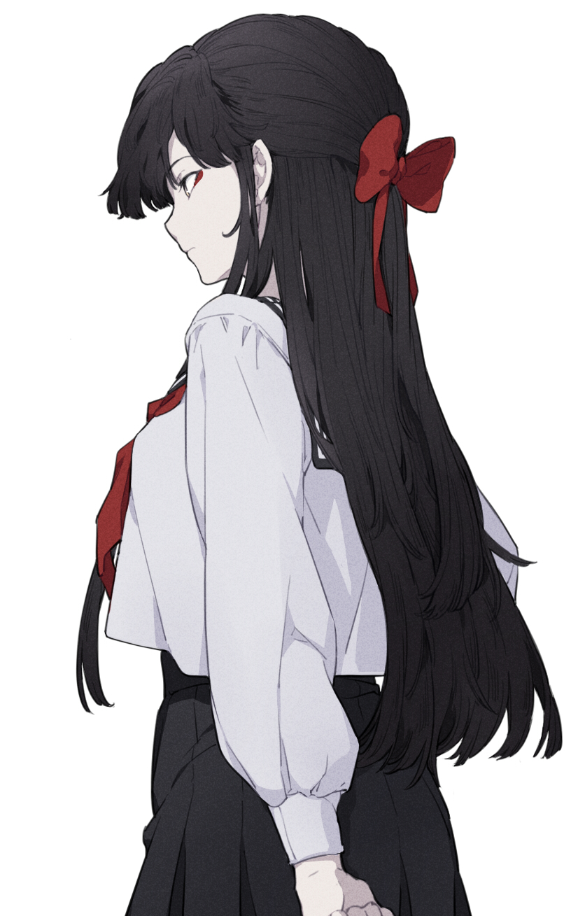 1girl, arm_at_side, bangs, black_hair, black_skirt, bow, brown_eyes, hair_bow