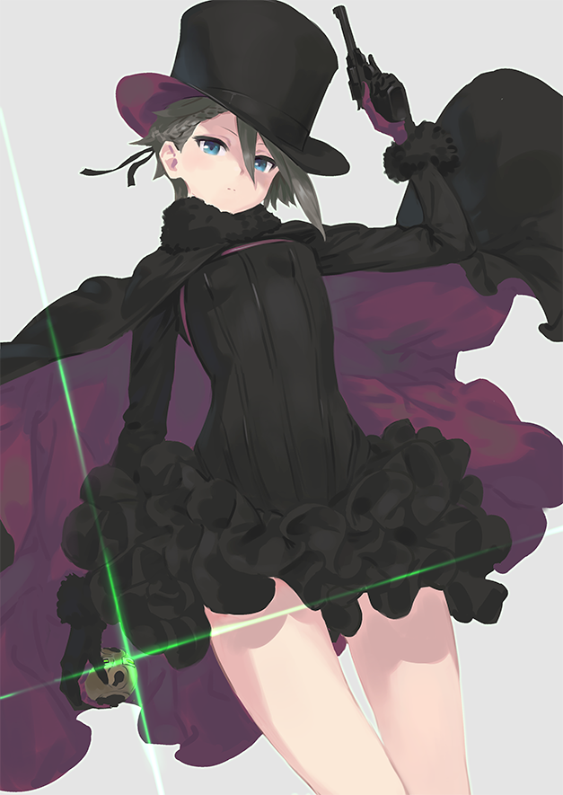 1girl, ange_(princess_principal), asymmetrical_hair, bangs, black_dress, black_headwear, blue_eyes, braid