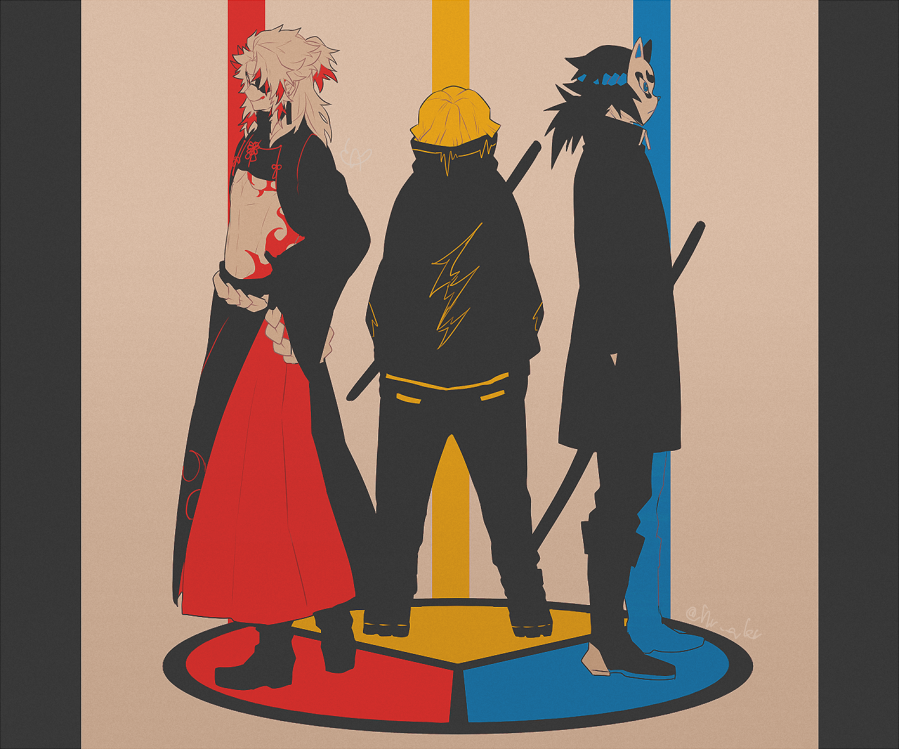 3boys, agatsuma_zenitsu, bare_chest, black_hair, blonde_hair, boots, chest_tattoo, coat