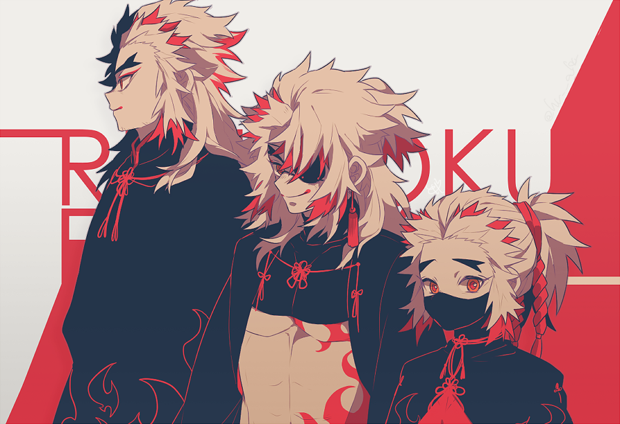3boys, bare_chest, black_hair, boy_sandwich, brothers, character_name, child, covered_mouth, earrings, eyepatch, facial_hair, father_and_son, hair_ornament, hair_ribbon, hair_slicked_back, height_difference, jewelry, kimetsu_no_yaiba, limited_palette, lineup, looking_at_viewer, male_focus, mask, medium_hair, miha_riko, multicolored_hair, multiple_boys, one_eye_covered, ponytail, profile, red_eyes, red_ribbon, red_theme, redhead, rengoku_kyoujurou, rengoku_senjurou, rengoku_shinjurou, ribbon, sandwiched, siblings, side-by-side, smile, streaked_hair, stubble, tassel, upper_body