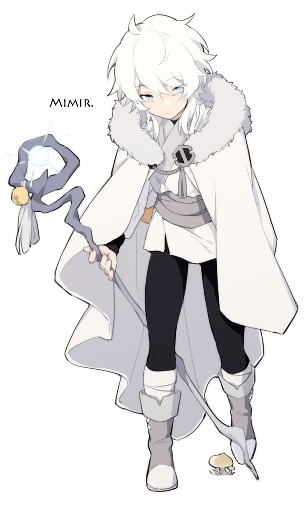 1boy, androgynous, bell, black_pants, boots, character_name, cloak, full_body