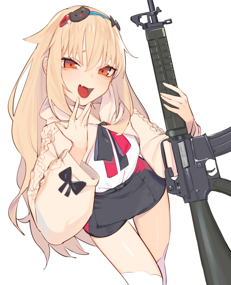 1girl, assault_rifle, bangs, black_shorts, cat_hair_ornament, commentary, girls_frontline, gun, hair_ornament, headband, holding, holding_gun, holding_weapon, hood, hood_down, juz, light_brown_hair, long_hair, looking_at_viewer, open_mouth, orange_eyes, rifle, shirt, shorts, sidelocks, simple_background, solo, sweater, t65_(girls_frontline), t65_assault_rifle, weapon, white_background, white_legwear, white_shirt