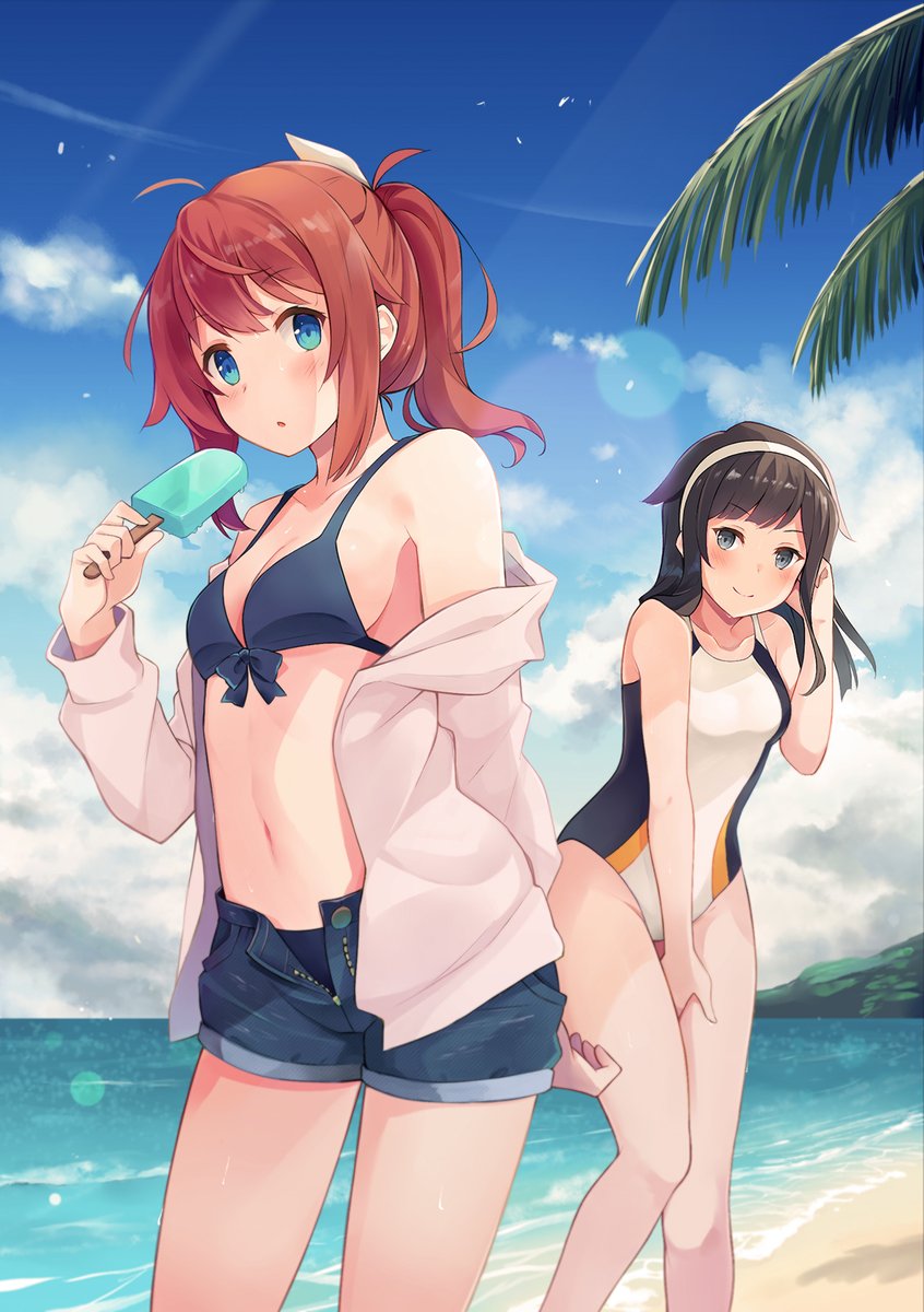 2girls, :o, ahoge, aqua_eyes, arm_behind_back, bangs, bare_shoulders, beach