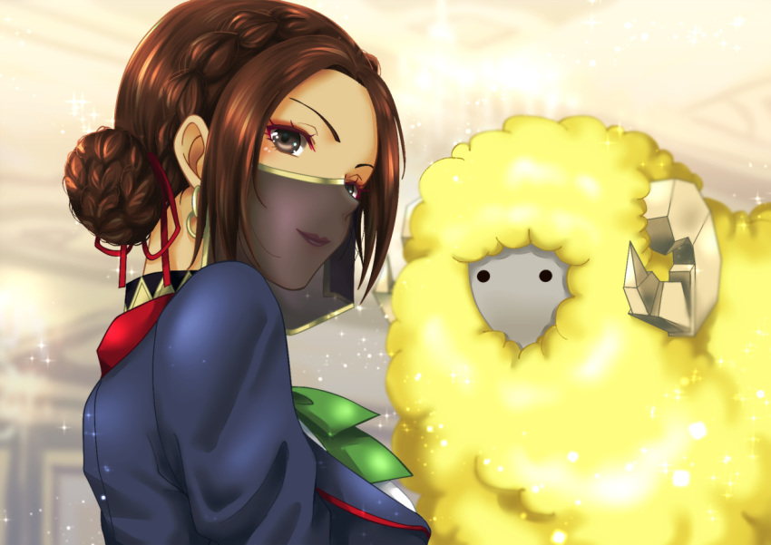 1girl, blue_jacket, brown_eyes, brown_hair, chi_wa, commentary_request, dumuzid_(fate), fate/grand_order, fate_(series), green_neckwear, hair_bun, hair_ribbon, jacket, looking_at_viewer, red_ribbon, ribbon, sheep, short_hair, siduri_(fate/grand_order), solo, upper_body, veil