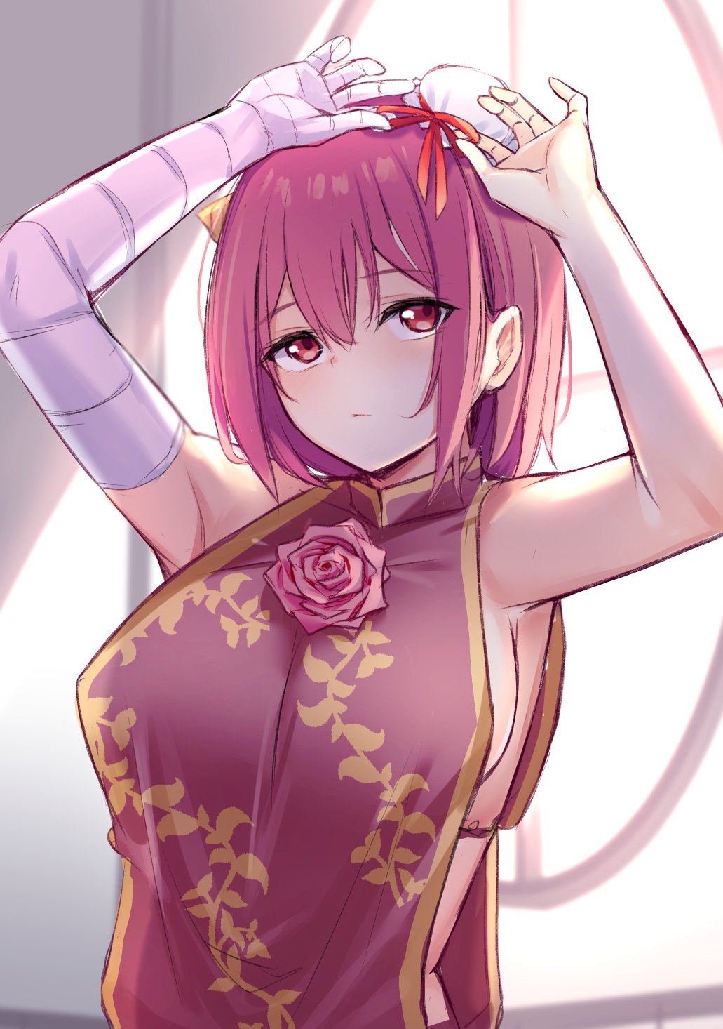 1girl, armpits, arms_up, bandaged_arm, bandages, bangs, bare_arms, bare_shoulders