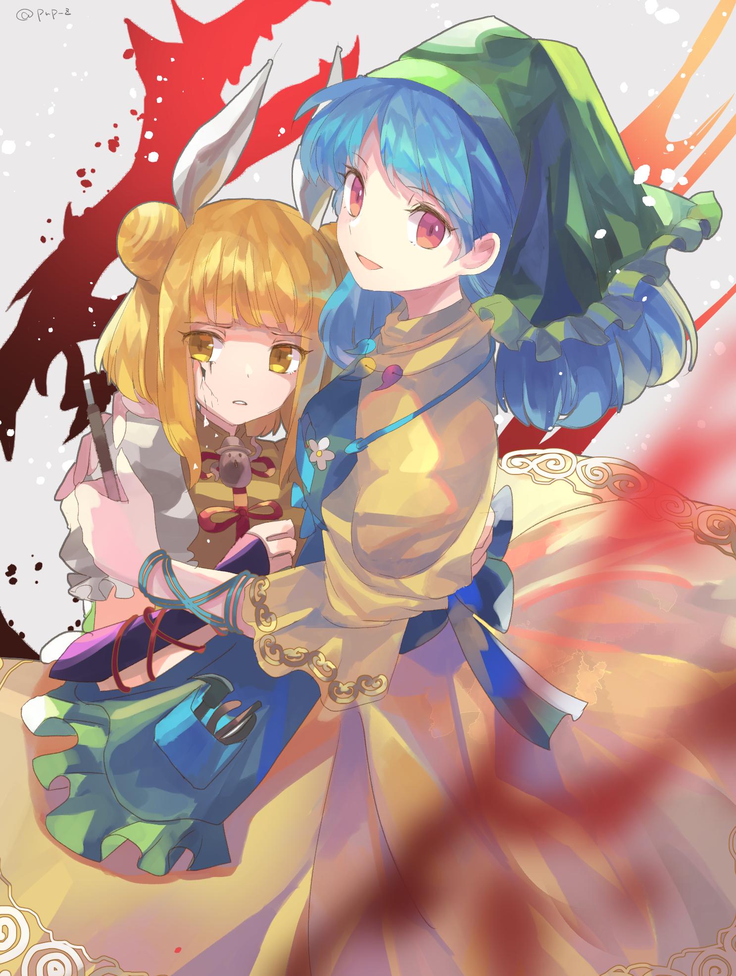 2girls, apron, armor, blonde_hair, blue_apron, blue_hair, blurry_foreground, cracked_skin