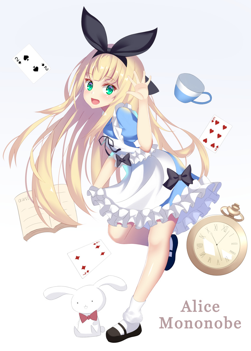 1girl, absurdres, alice_in_wonderland, apron, arm_up, black_footwear, blonde_hair, blue_dress
